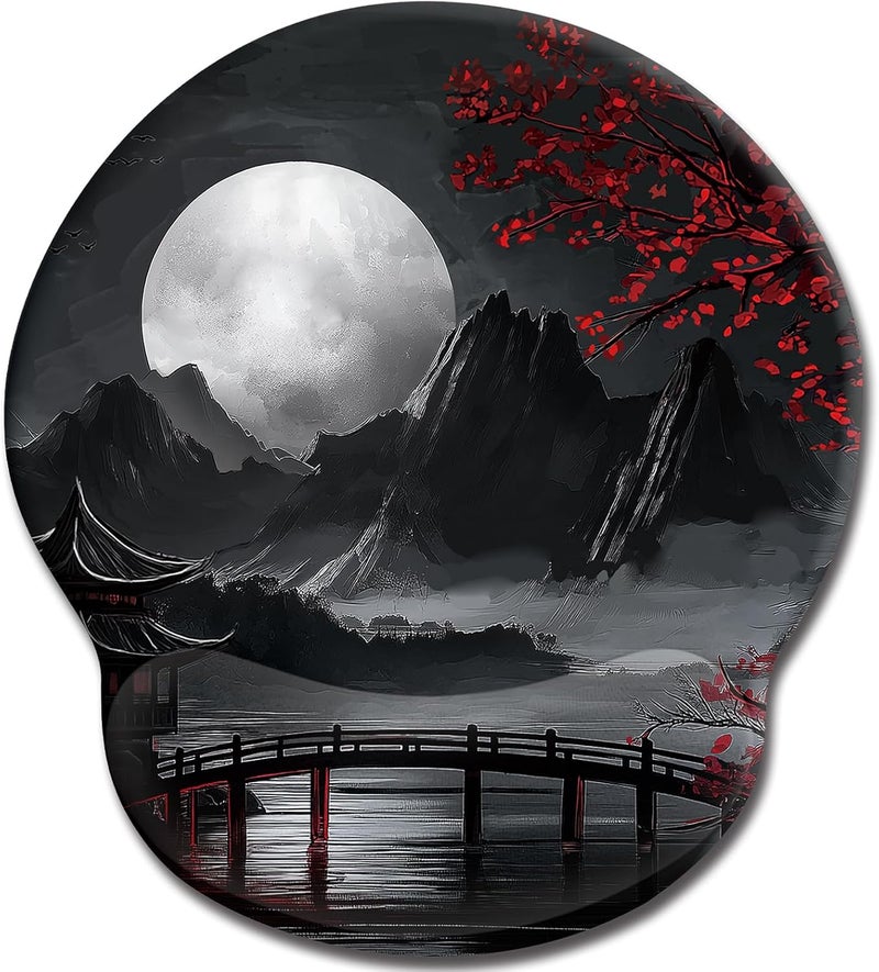 LIMKRIAN Japanese Mouse Pad with Wrist Rest, Full Moon Ergonomic Mouse Pad Wrist Support with Non-Slip Pain Relief PU Base, Funny Computer Mousepad, Japanese Style Office Home Desk Accessories Decor - Image 1